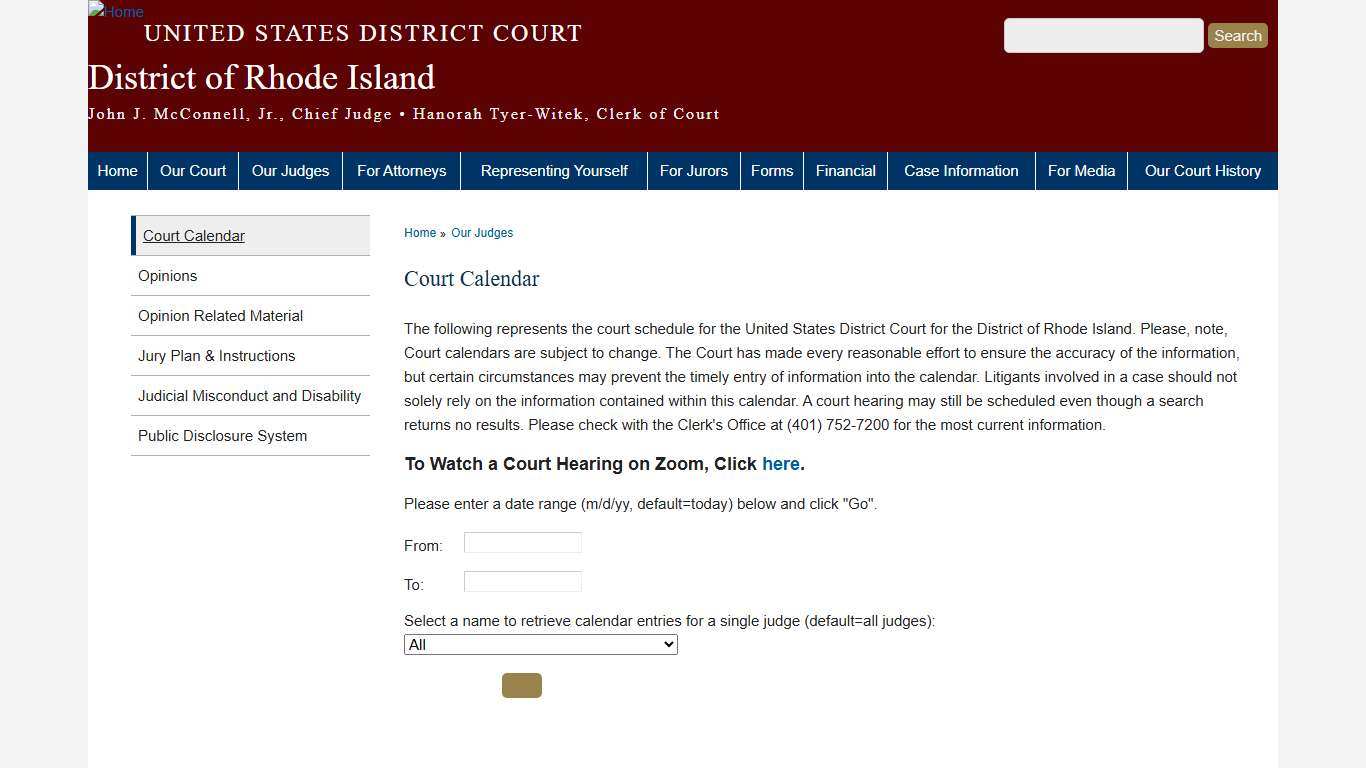 Court Calendar District of Rhode Island United States District Court